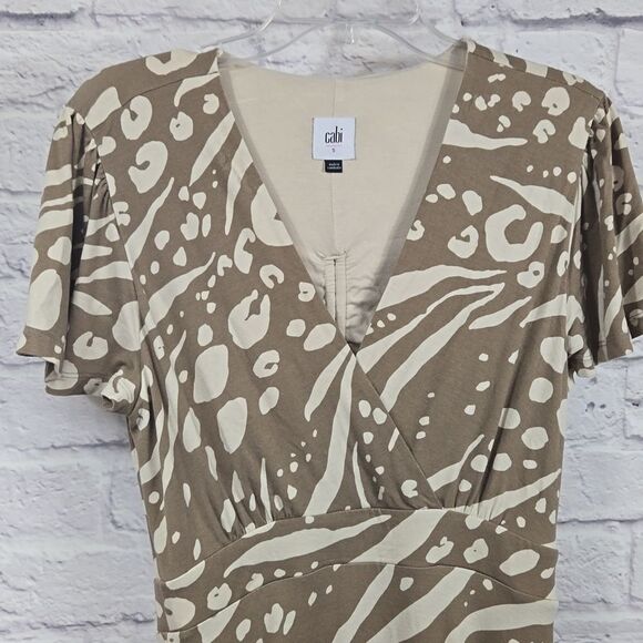 CAbi 6147 Swoon Dress Midi Tiered Swing Work Leisure Taupe Flutter Sleeve Cutout - Picture 7 of 11